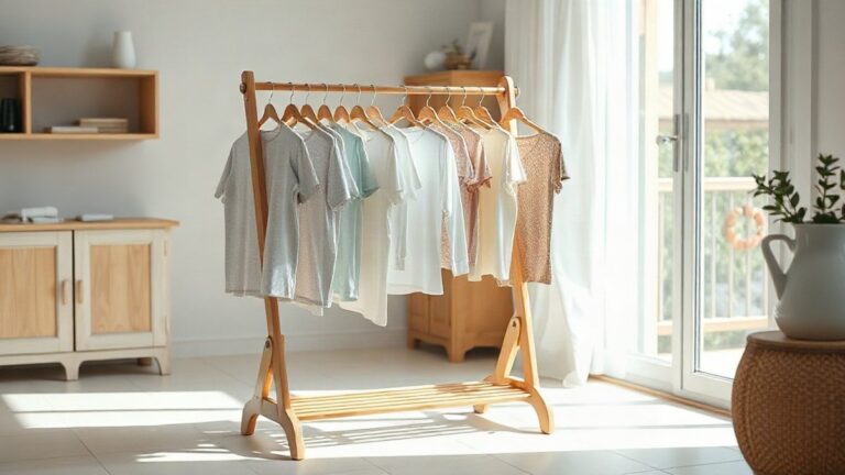 Estendal de madeira com roupa lavada a secar junto a uma janela numa sala luminosa