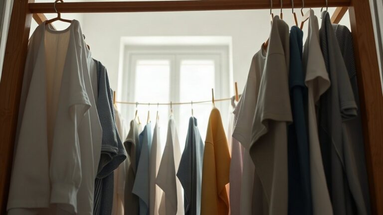 Peças de roupa bem espaçadas num estendal interior com ventilação
