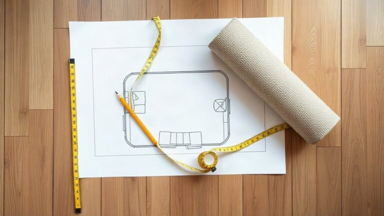Medição de uma sala com fita métrica e planta para escolher o tapete
