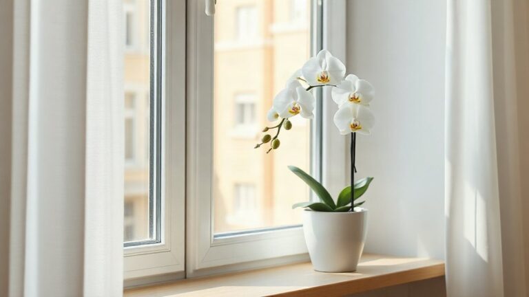 Orquídea Phalaenopsis branca num vaso de cerâmica junto a uma janela com luz natural