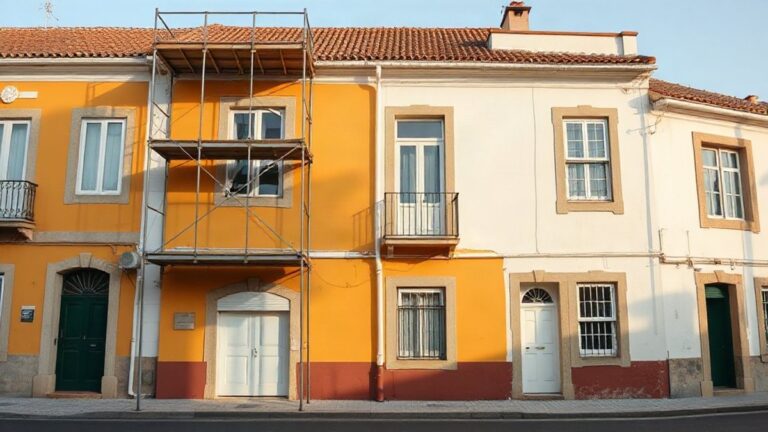 Fachada de casa tradicional portuguesa recém-pintada em tons ocre e branco