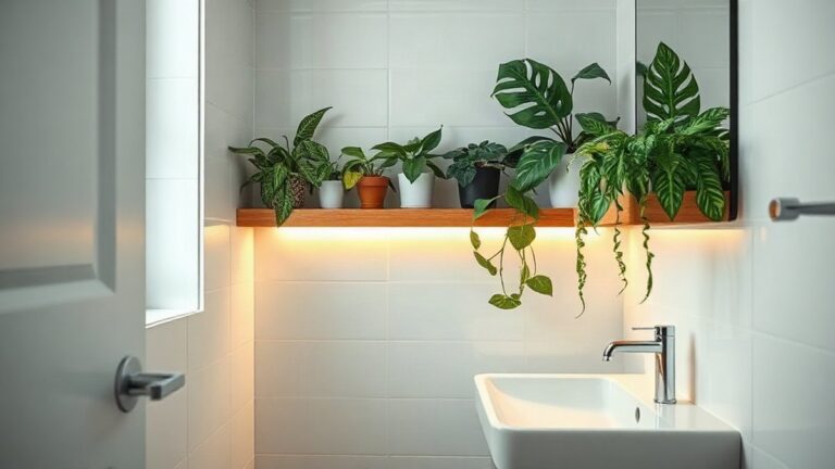 Casa de banho sem janela com plantas em prateleira iluminada por luz LED