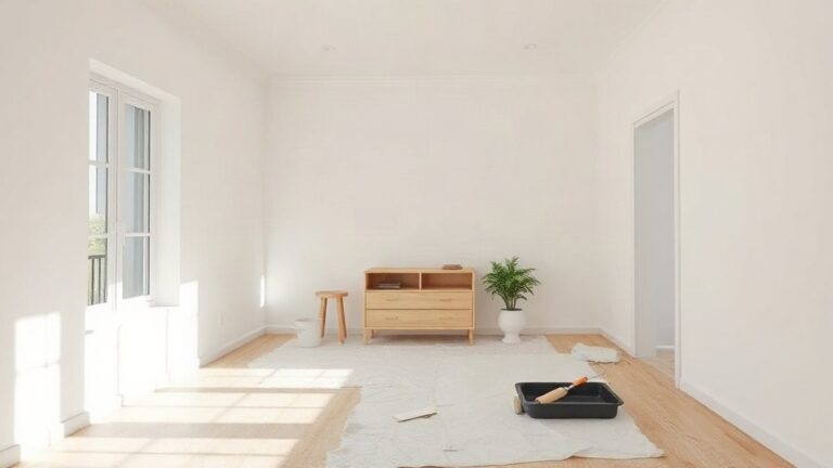 Sala de apartamento T2 com paredes em pintura fresca e material de pintura no chão