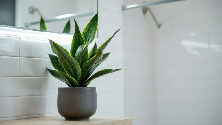Sansevieria numa casa de banho sem janela Sansevieria em vaso de cerâmica iluminada por fita LED numa casa de banho