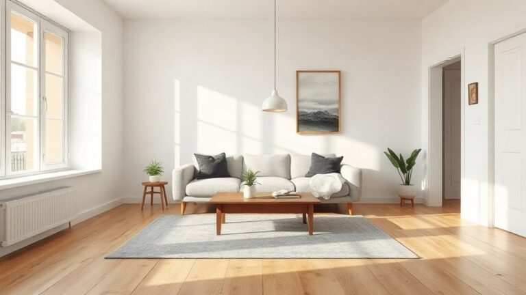 Sala com tapete de tamanho adequado sob o sofá e a mesa de centro